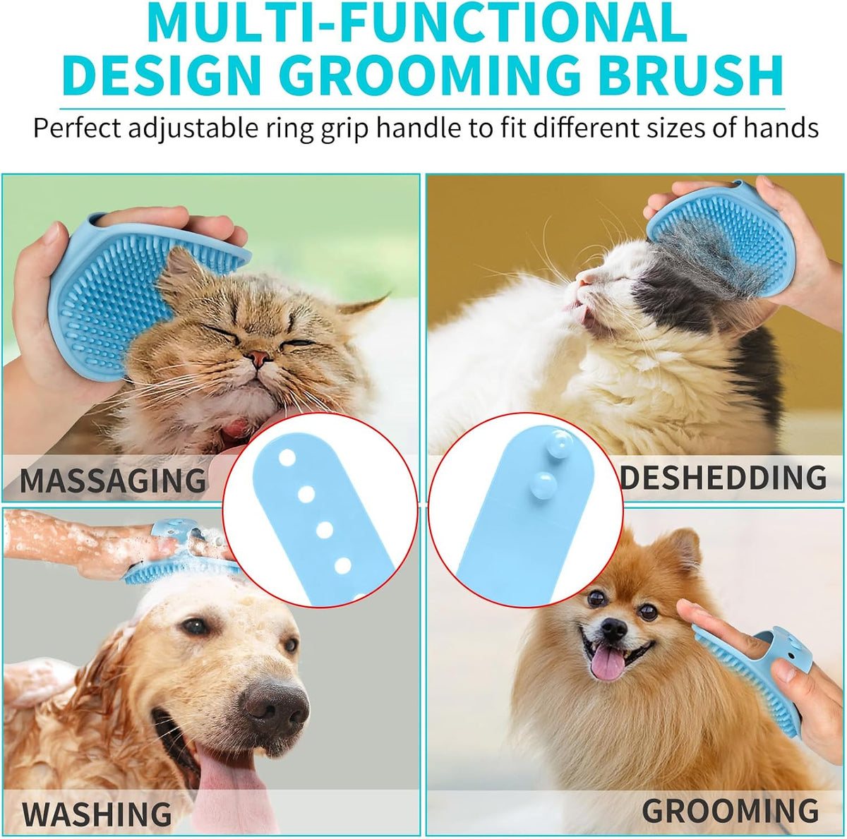 3-in-1 Dog Grooming Brush | Adjustable Handle Shampoo Brush & Scrubber for Short & Long Haired Dogs & Cats (Blue Pink Blue)