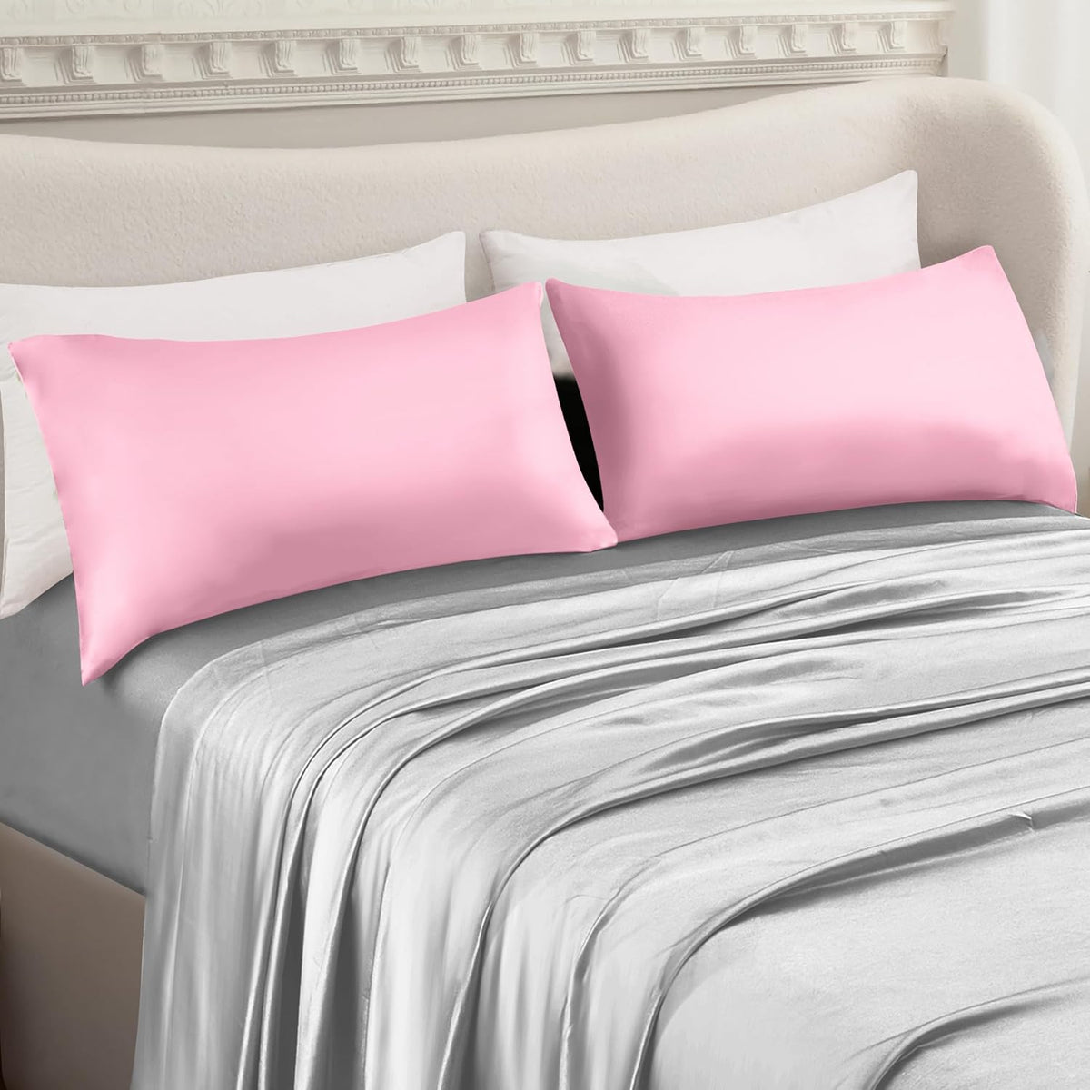 Mocassi Premium Set of 2 Satin Pillowcases with Hidded Zipper - Wrinkle Free, Smooth and Cooling Luxurious Satin Silky Pack of 2 Ultra Soft Pillow Covers, Standard/Queen, Light Pink