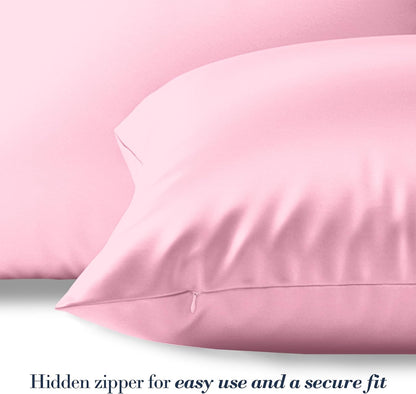 Mocassi Premium Set of 2 Satin Pillowcases with Hidded Zipper - Wrinkle Free, Smooth and Cooling Luxurious Satin Silky Pack of 2 Ultra Soft Pillow Covers, Standard/Queen, Light Pink