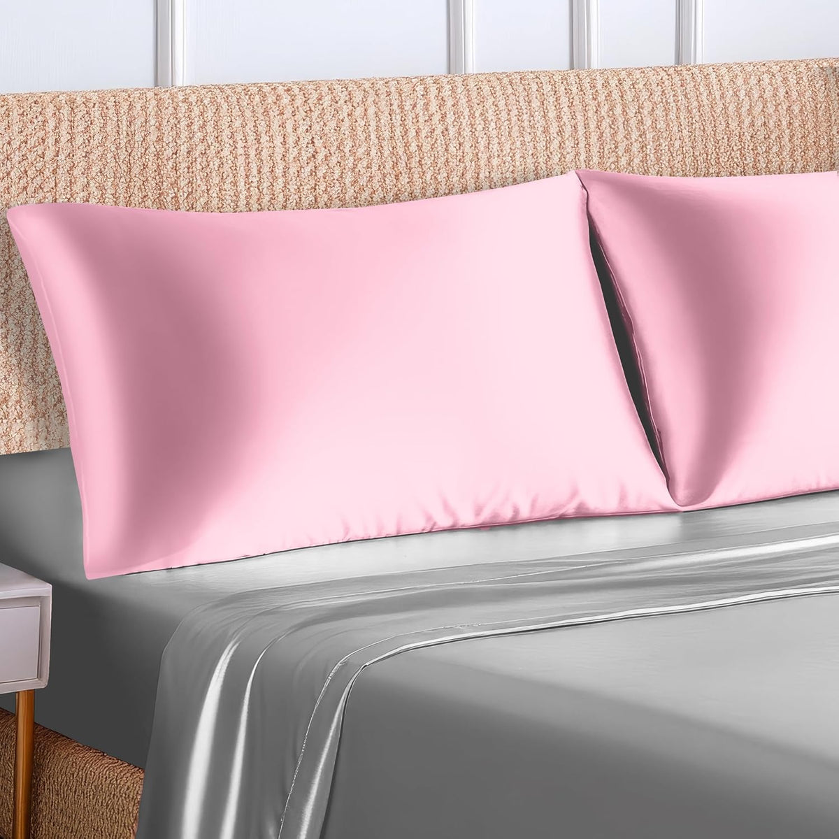 Mocassi Premium Set of 2 Satin Pillowcases with Hidded Zipper - Wrinkle Free, Smooth and Cooling Luxurious Satin Silky Pack of 2 Ultra Soft Pillow Covers, Standard/Queen, Light Pink