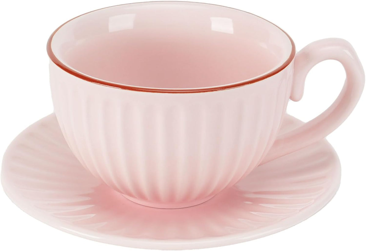 Ceramic Coffee Cup and Saucer Set,11 oz Latte Cappuccino Cup with Saucer,Pink Porcelain Tea Cup Set for Espresso,Coffee or Tea Cup for Home Kitchen,Coffee Bar,Brunch,Microwave & Dishwasher Safe(Pink)