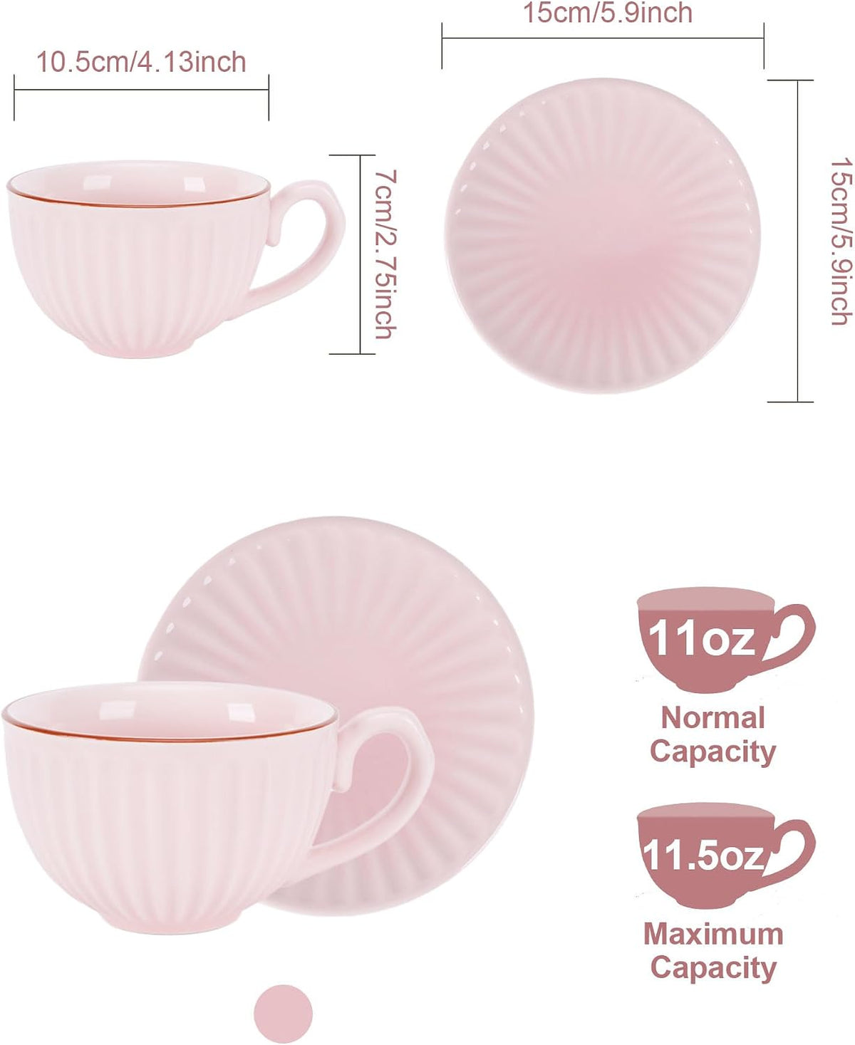 Ceramic Coffee Cup and Saucer Set,11 oz Latte Cappuccino Cup with Saucer,Pink Porcelain Tea Cup Set for Espresso,Coffee or Tea Cup for Home Kitchen,Coffee Bar,Brunch,Microwave & Dishwasher Safe(Pink)