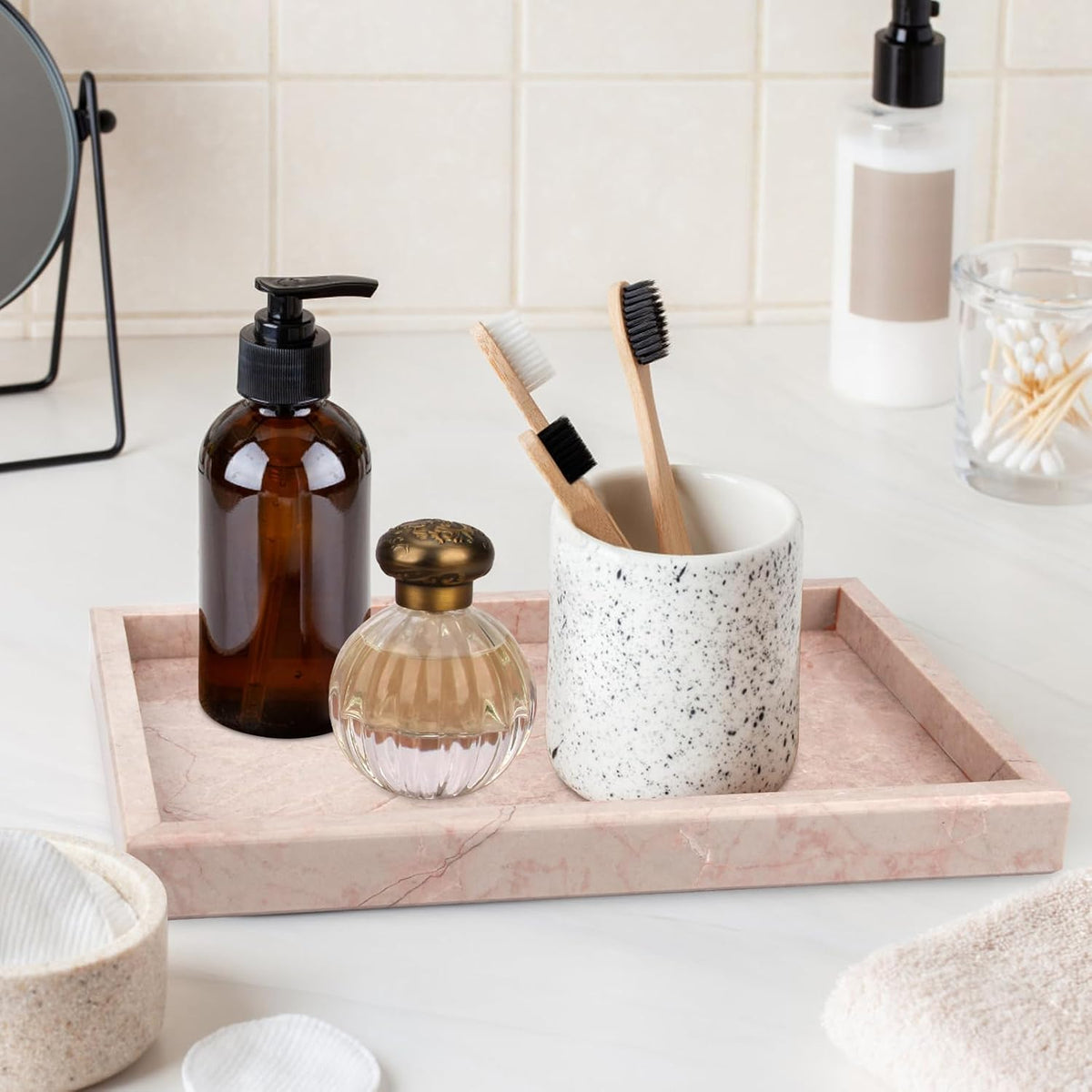 Marble Bathroom Vanity Tray, Pink/Cream Rose, 12"x 8" x1.2"