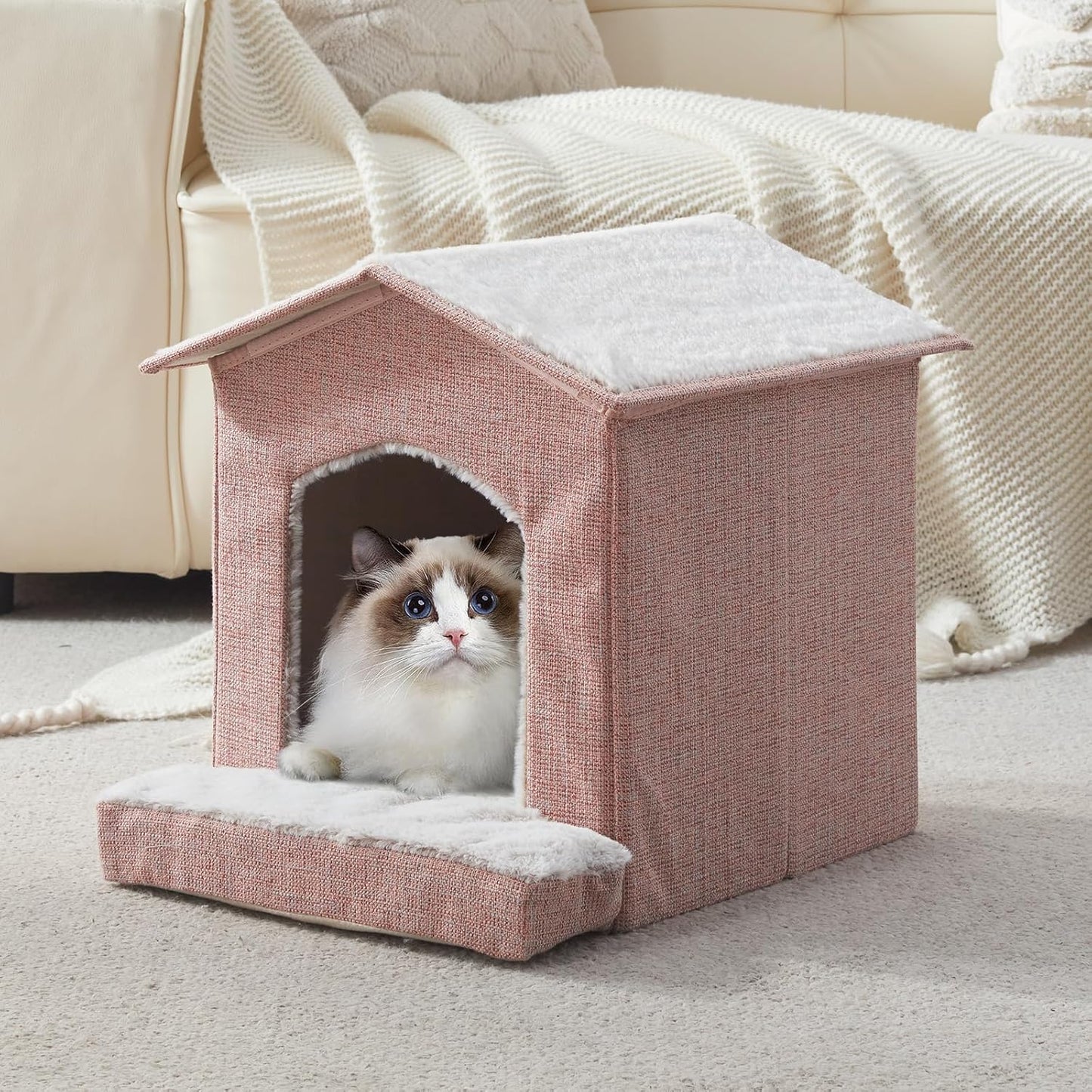 Cat Beds for Indoor Cats,Cat Houses,Cat Cave with Orthopedic Cushion,Foldable Cat Condos,Hideaway,Shelter,Pink Cat Tent for Small Dogs and Rabbit,Squirrel