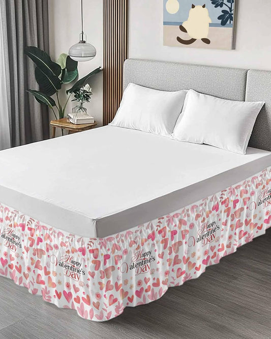 Valentine's Day Bed Skirt Queen Size 16 Inch Drop, Adjustable & Elastic Wrap Around Bed Skirts Pleated Luxury Dust Ruffles For Twin Full Queen Cal King Base Bed, Peach Pink Love Floral Modern Romantic