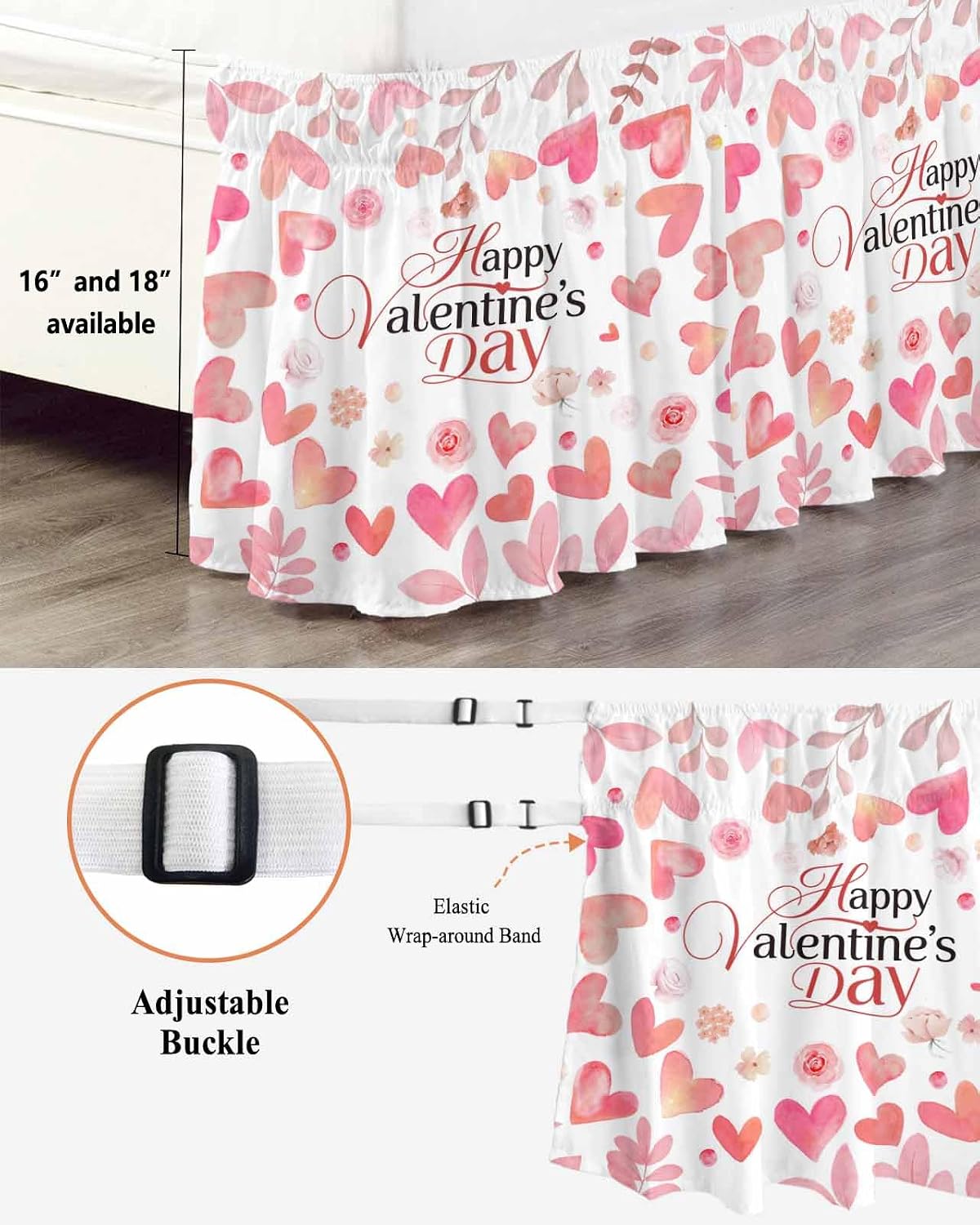 Valentine's Day Bed Skirt Queen Size 16 Inch Drop, Adjustable & Elastic Wrap Around Bed Skirts Pleated Luxury Dust Ruffles For Twin Full Queen Cal King Base Bed, Peach Pink Love Floral Modern Romantic