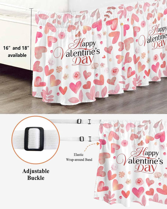 Valentine's Day Bed Skirt Queen Size 16 Inch Drop, Adjustable & Elastic Wrap Around Bed Skirts Pleated Luxury Dust Ruffles For Twin Full Queen Cal King Base Bed, Peach Pink Love Floral Modern Romantic