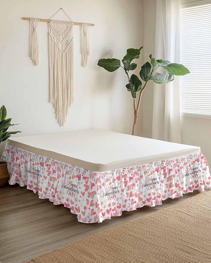 Valentine's Day Bed Skirt Queen Size 16 Inch Drop, Adjustable & Elastic Wrap Around Bed Skirts Pleated Luxury Dust Ruffles For Twin Full Queen Cal King Base Bed, Peach Pink Love Floral Modern Romantic