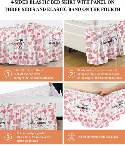 Valentine's Day Bed Skirt Queen Size 16 Inch Drop, Adjustable & Elastic Wrap Around Bed Skirts Pleated Luxury Dust Ruffles For Twin Full Queen Cal King Base Bed, Peach Pink Love Floral Modern Romantic