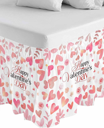 Valentine's Day Bed Skirt Queen Size 16 Inch Drop, Adjustable & Elastic Wrap Around Bed Skirts Pleated Luxury Dust Ruffles For Twin Full Queen Cal King Base Bed, Peach Pink Love Floral Modern Romantic
