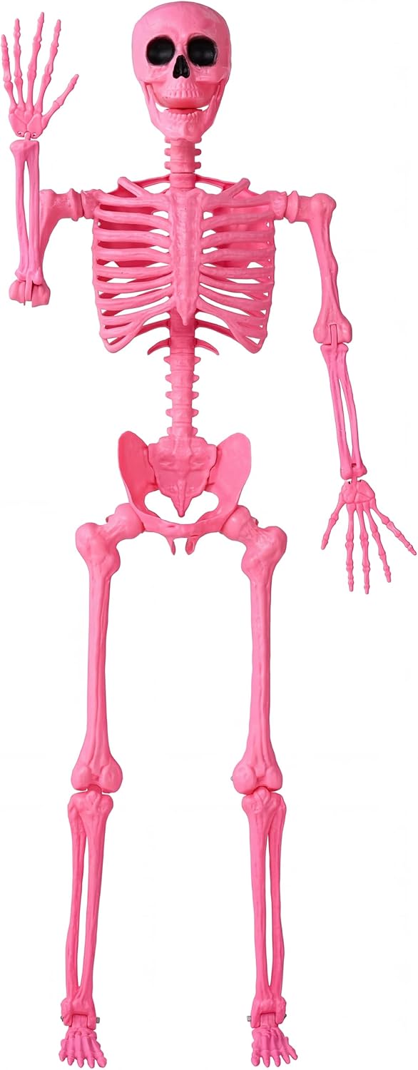 5.6 FT Halloween Posable Skeleton Life Size, Giant Outdoor Yard Skeletons, Pink Plastic Skeleton with Movable Joints for Haunted House Props, Halloween Decorations, Spooky Scary Skeletons Party