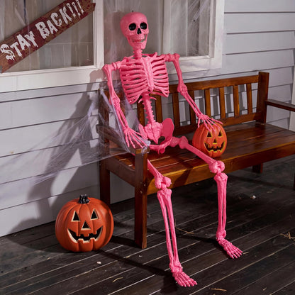 5.6 FT Halloween Posable Skeleton Life Size, Giant Outdoor Yard Skeletons, Pink Plastic Skeleton with Movable Joints for Haunted House Props, Halloween Decorations, Spooky Scary Skeletons Party