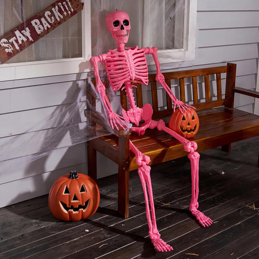 5.6 FT Halloween Posable Skeleton Life Size, Giant Outdoor Yard Skeletons, Pink Plastic Skeleton with Movable Joints for Haunted House Props, Halloween Decorations, Spooky Scary Skeletons Party