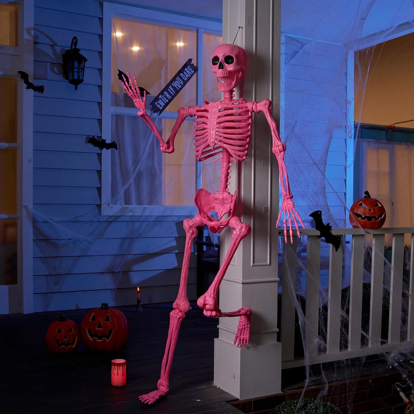 5.6 FT Halloween Posable Skeleton Life Size, Giant Outdoor Yard Skeletons, Pink Plastic Skeleton with Movable Joints for Haunted House Props, Halloween Decorations, Spooky Scary Skeletons Party