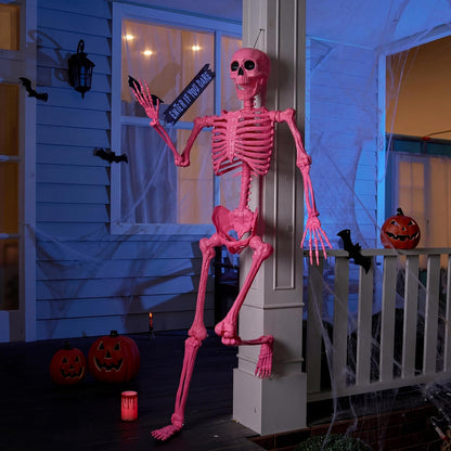 5.6 FT Halloween Posable Skeleton Life Size, Giant Outdoor Yard Skeletons, Pink Plastic Skeleton with Movable Joints for Haunted House Props, Halloween Decorations, Spooky Scary Skeletons Party