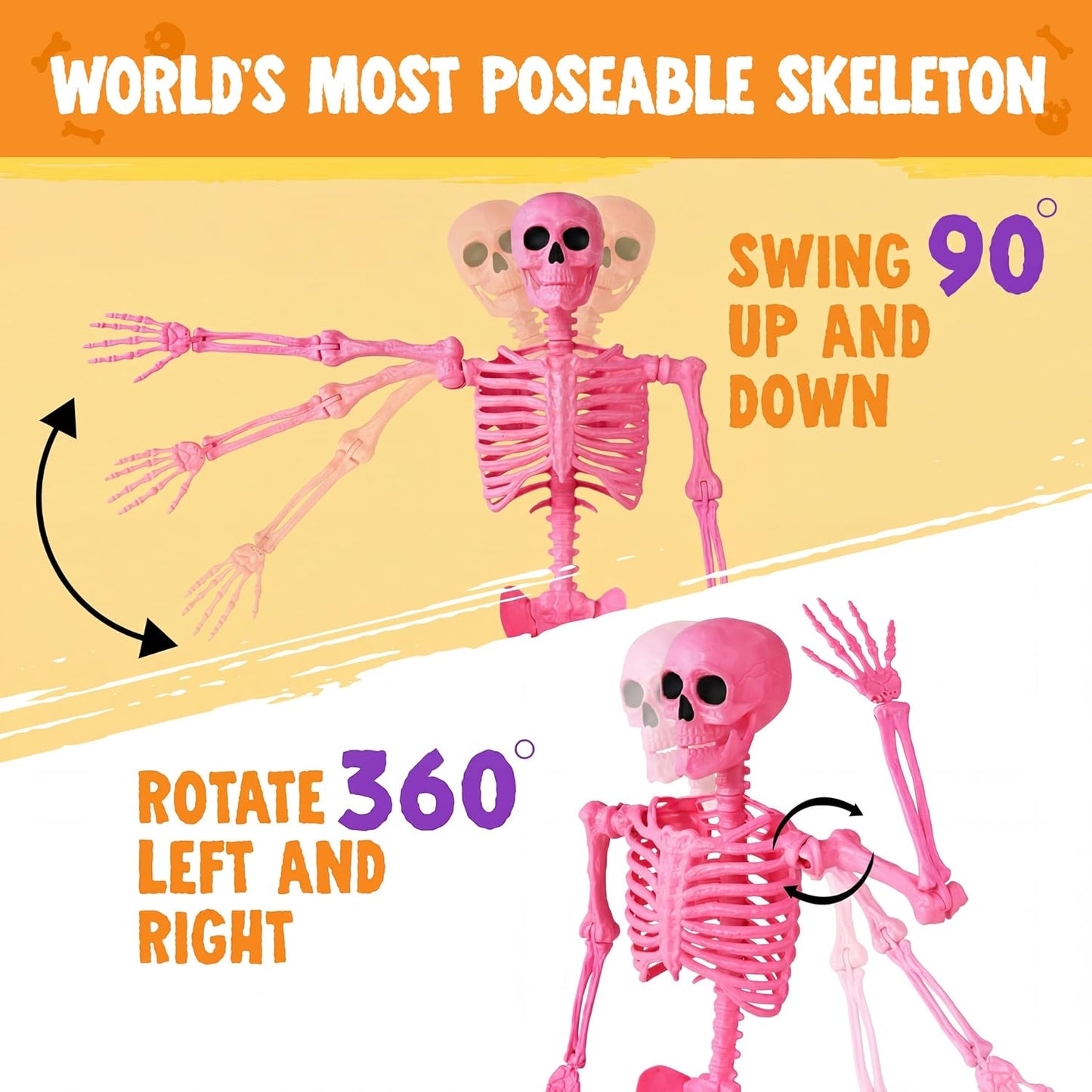 5.6 FT Halloween Posable Skeleton Life Size, Giant Outdoor Yard Skeletons, Pink Plastic Skeleton with Movable Joints for Haunted House Props, Halloween Decorations, Spooky Scary Skeletons Party
