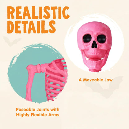5.6 FT Halloween Posable Skeleton Life Size, Giant Outdoor Yard Skeletons, Pink Plastic Skeleton with Movable Joints for Haunted House Props, Halloween Decorations, Spooky Scary Skeletons Party