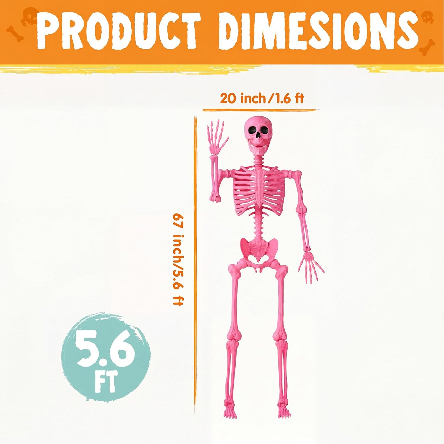 5.6 FT Halloween Posable Skeleton Life Size, Giant Outdoor Yard Skeletons, Pink Plastic Skeleton with Movable Joints for Haunted House Props, Halloween Decorations, Spooky Scary Skeletons Party