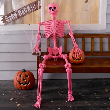 5.6 FT Halloween Posable Skeleton Life Size, Giant Outdoor Yard Skeletons, Pink Plastic Skeleton with Movable Joints for Haunted House Props, Halloween Decorations, Spooky Scary Skeletons Party