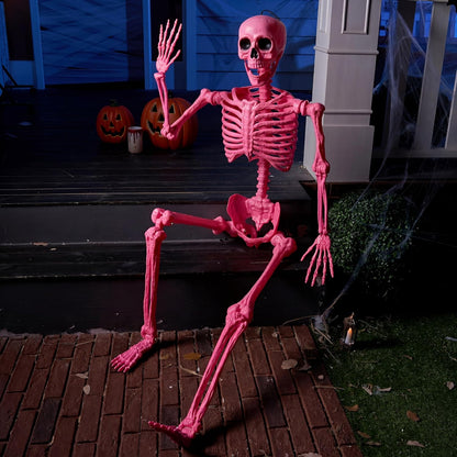 5.6 FT Halloween Posable Skeleton Life Size, Giant Outdoor Yard Skeletons, Pink Plastic Skeleton with Movable Joints for Haunted House Props, Halloween Decorations, Spooky Scary Skeletons Party