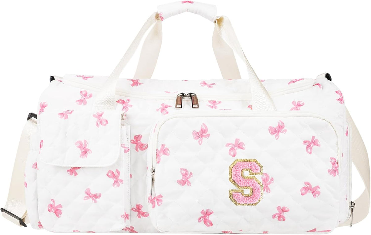 Gifts for Girls Initial Travel Duffle Bag, Personalized Initial Duffel Bag with Shoe Compartment Dance Cheer Weekender Bags, Gymnastics Gym Overnight Bag Birthday Gift for Teens Girl (Letter-S)