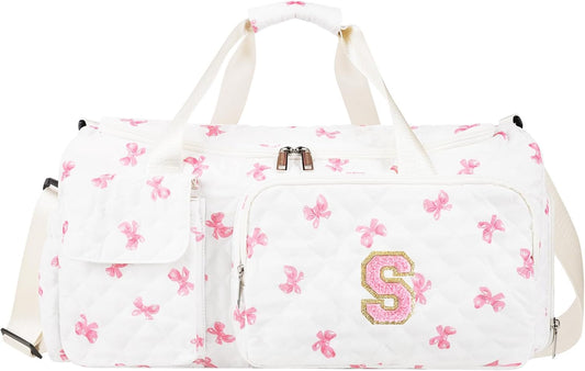 Gifts for Girls Initial Travel Duffle Bag, Personalized Initial Duffel Bag with Shoe Compartment Dance Cheer Weekender Bags, Gymnastics Gym Overnight Bag Birthday Gift for Teens Girl (Letter-S)