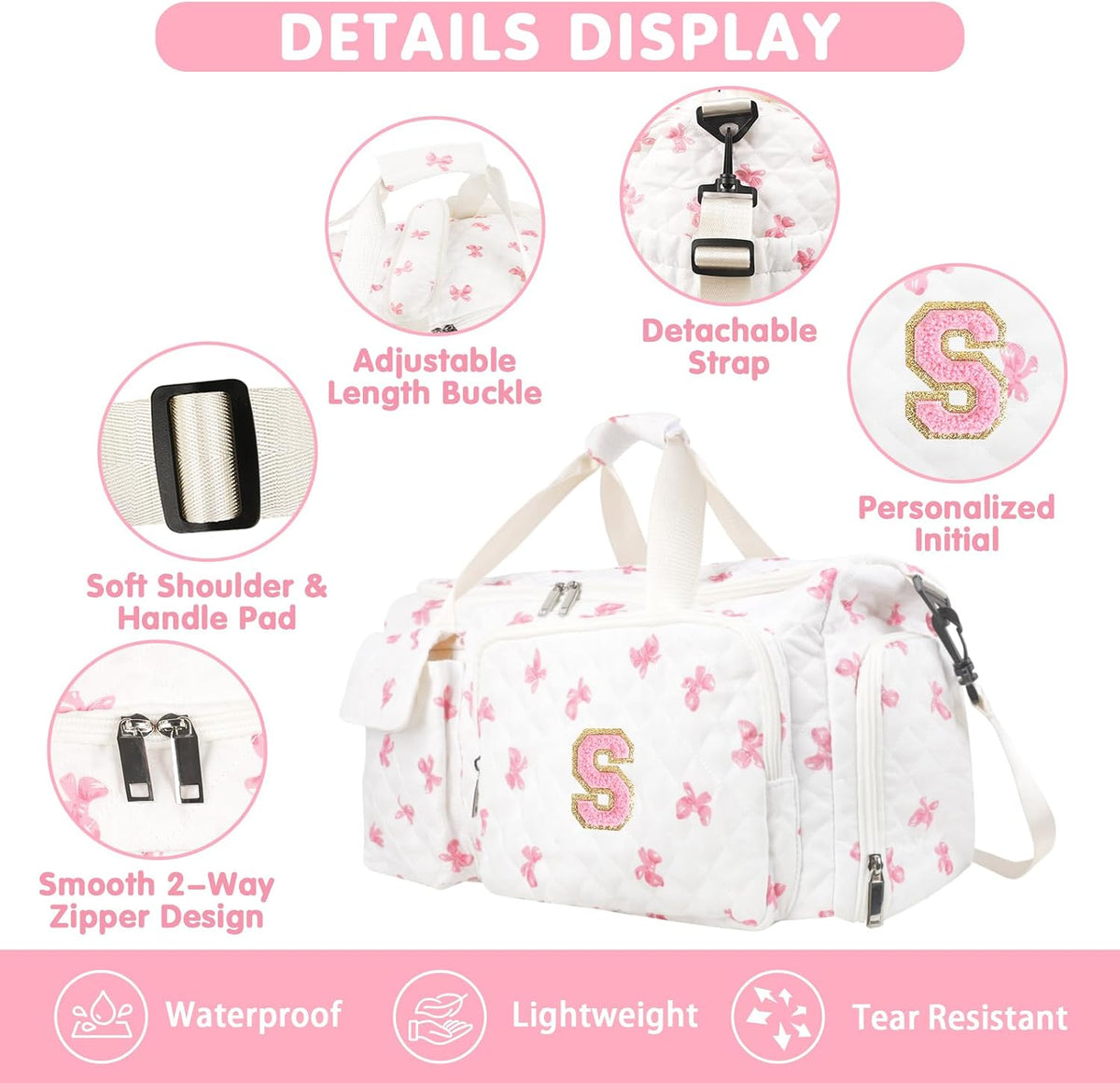 Gifts for Girls Initial Travel Duffle Bag, Personalized Initial Duffel Bag with Shoe Compartment Dance Cheer Weekender Bags, Gymnastics Gym Overnight Bag Birthday Gift for Teens Girl (Letter-S)