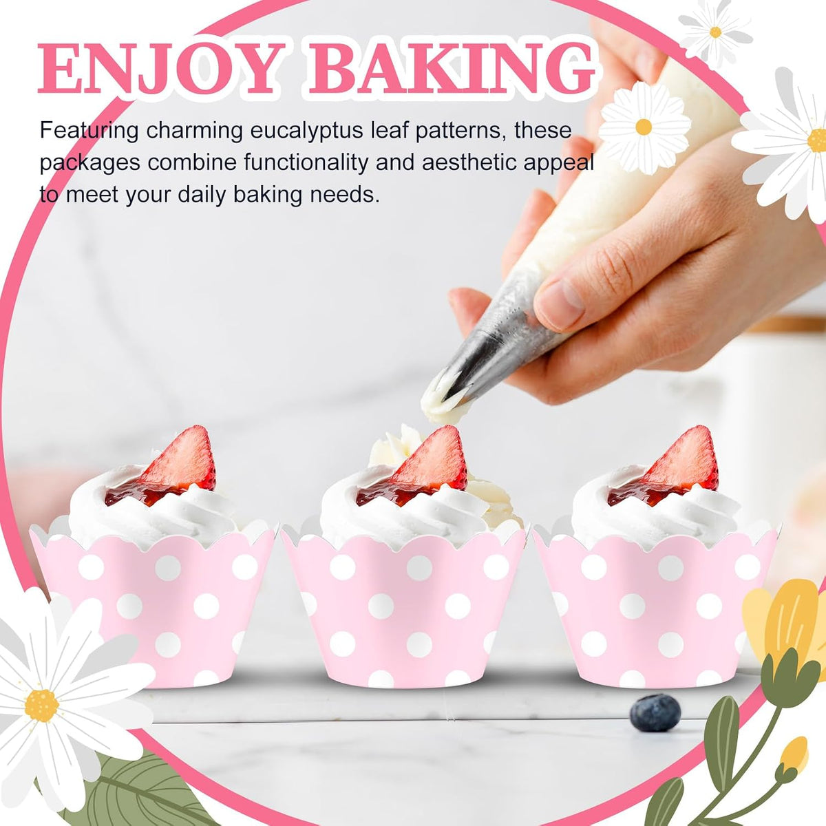 100 Pcs Pink Polka Dots Cupcake Wrappers for Party Supplies