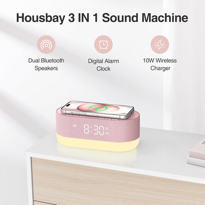 3 in 1 Sound Machine Alarm Clock with Wireless Charger, Pink