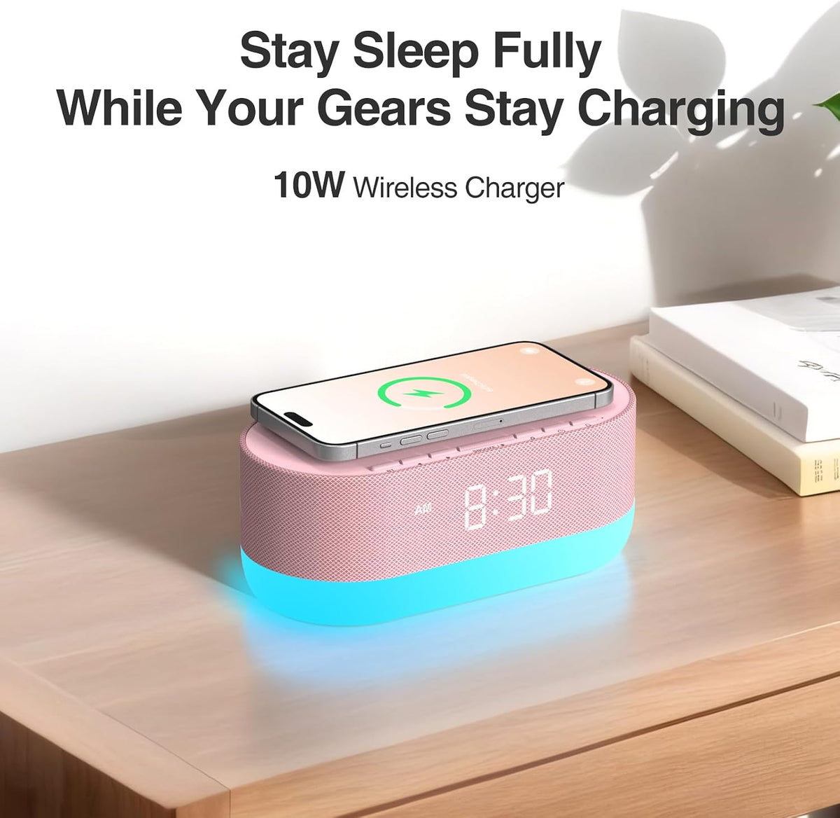 3 in 1 Sound Machine Alarm Clock with Wireless Charger, Pink