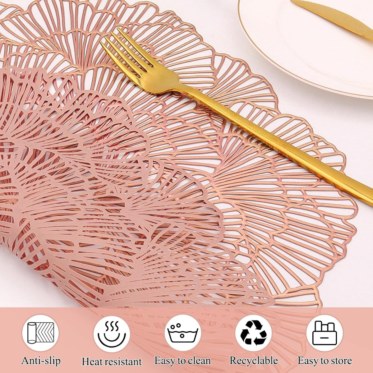 Round Rose Gold Placemats Set of 4 Tablemats Flower Vinyl Place Mats Table Setting Kitchen Table Mats for Dining Table Holiday Wedding Decorative