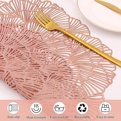 Round Rose Gold Placemats Set of 4 Tablemats Flower Vinyl Place Mats Table Setting Kitchen Table Mats for Dining Table Holiday Wedding Decorative