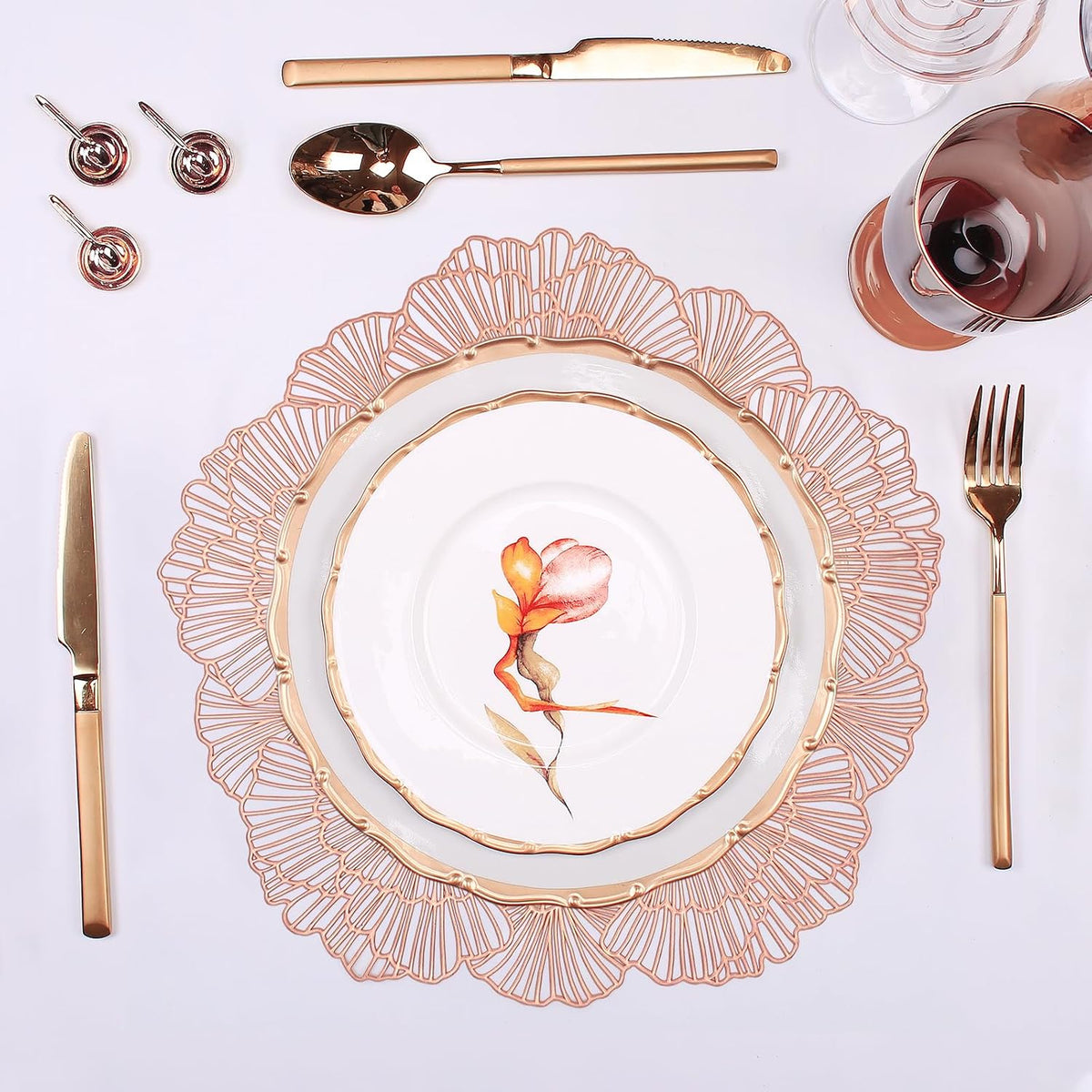Round Rose Gold Placemats Set of 4 Tablemats Flower Vinyl Place Mats Table Setting Kitchen Table Mats for Dining Table Holiday Wedding Decorative