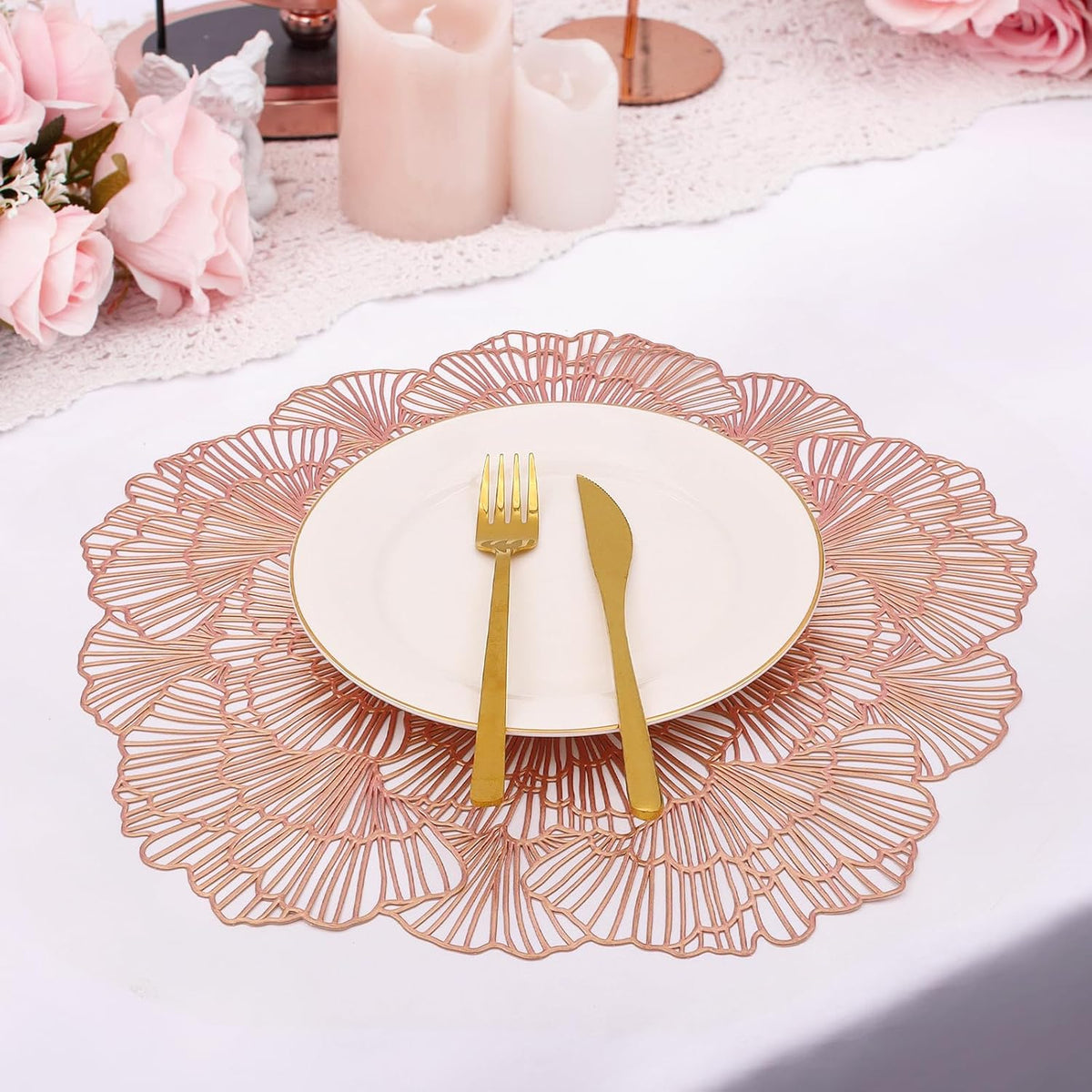 Round Rose Gold Placemats Set of 4 Tablemats Flower Vinyl Place Mats Table Setting Kitchen Table Mats for Dining Table Holiday Wedding Decorative