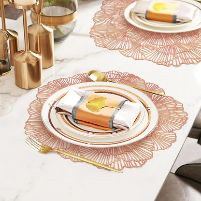 Round Rose Gold Placemats Set of 4 Tablemats Flower Vinyl Place Mats Table Setting Kitchen Table Mats for Dining Table Holiday Wedding Decorative
