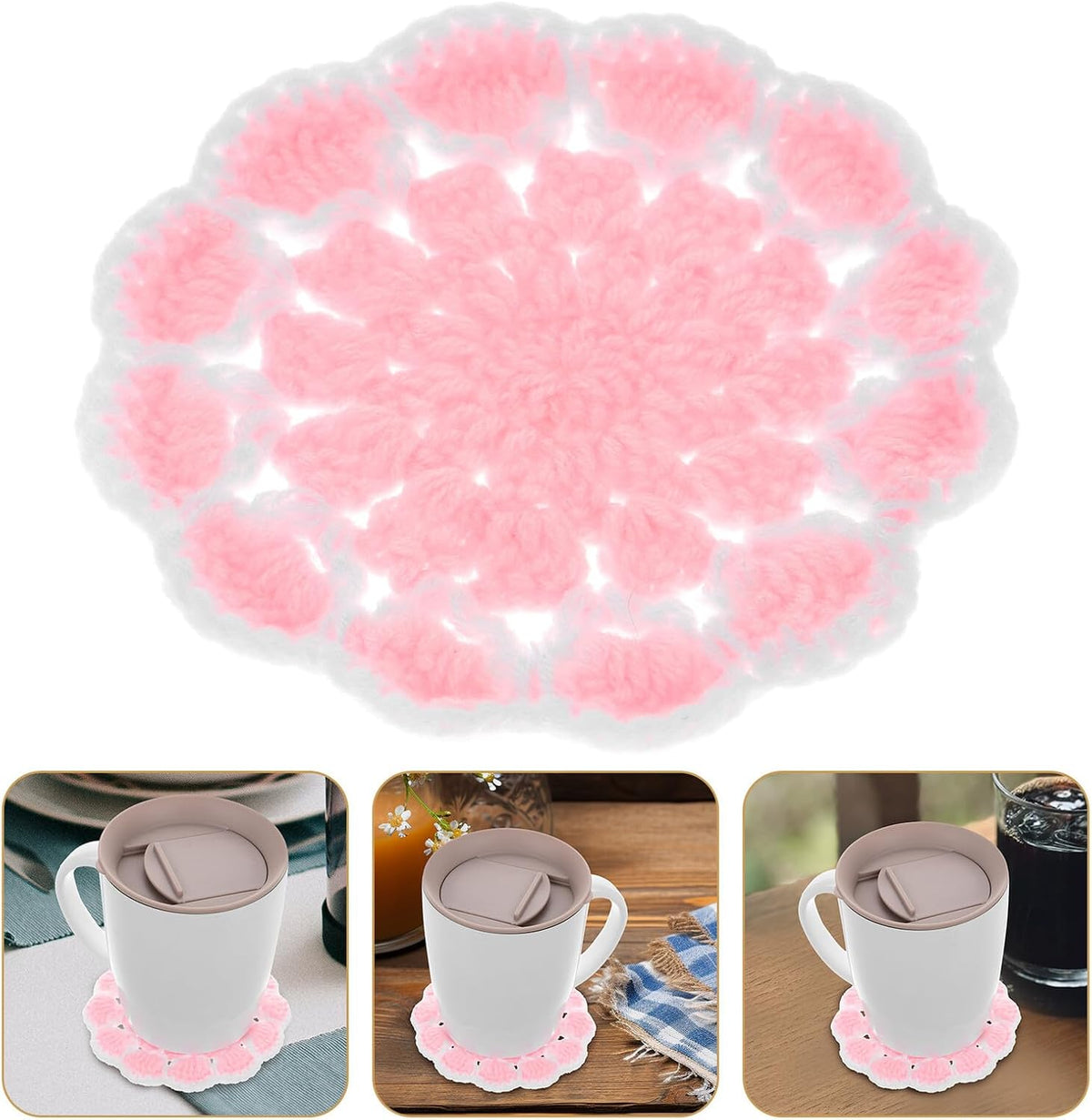 Knitted Flower Coasters Crochet Cup Mats Light Pink Crochet Drink Coaster Heat Insulation Protective Pads for Home Desk Use