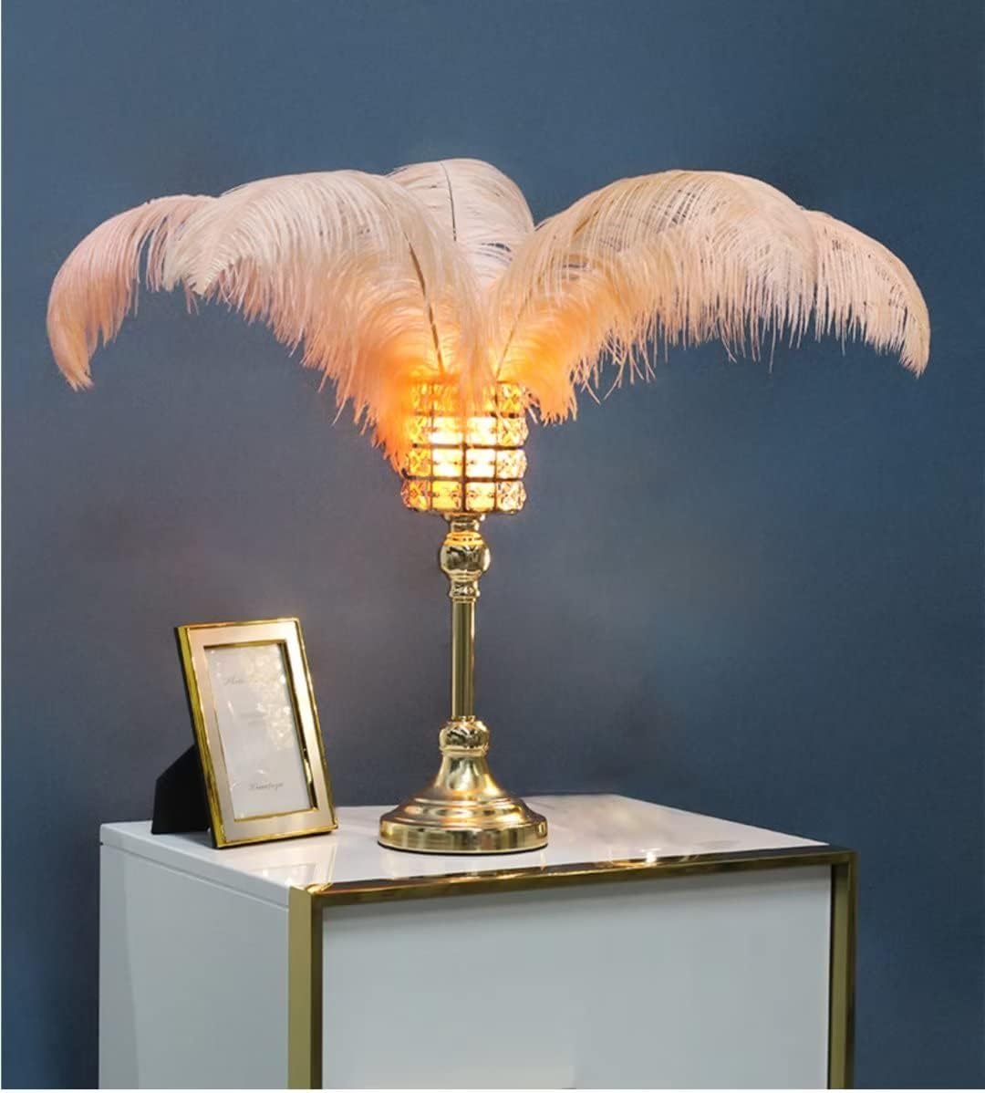 Feather Table Lamp Crystal Bedside Lamp with Pink Feather, String Lights Night Lights Decorative Lighting for Living Room Bedroom Home Decoration