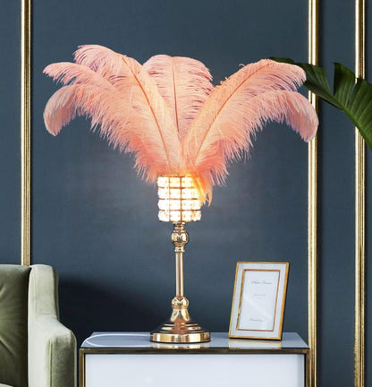 Feather Table Lamp Crystal Bedside Lamp with Pink Feather, String Lights Night Lights Decorative Lighting for Living Room Bedroom Home Decoration