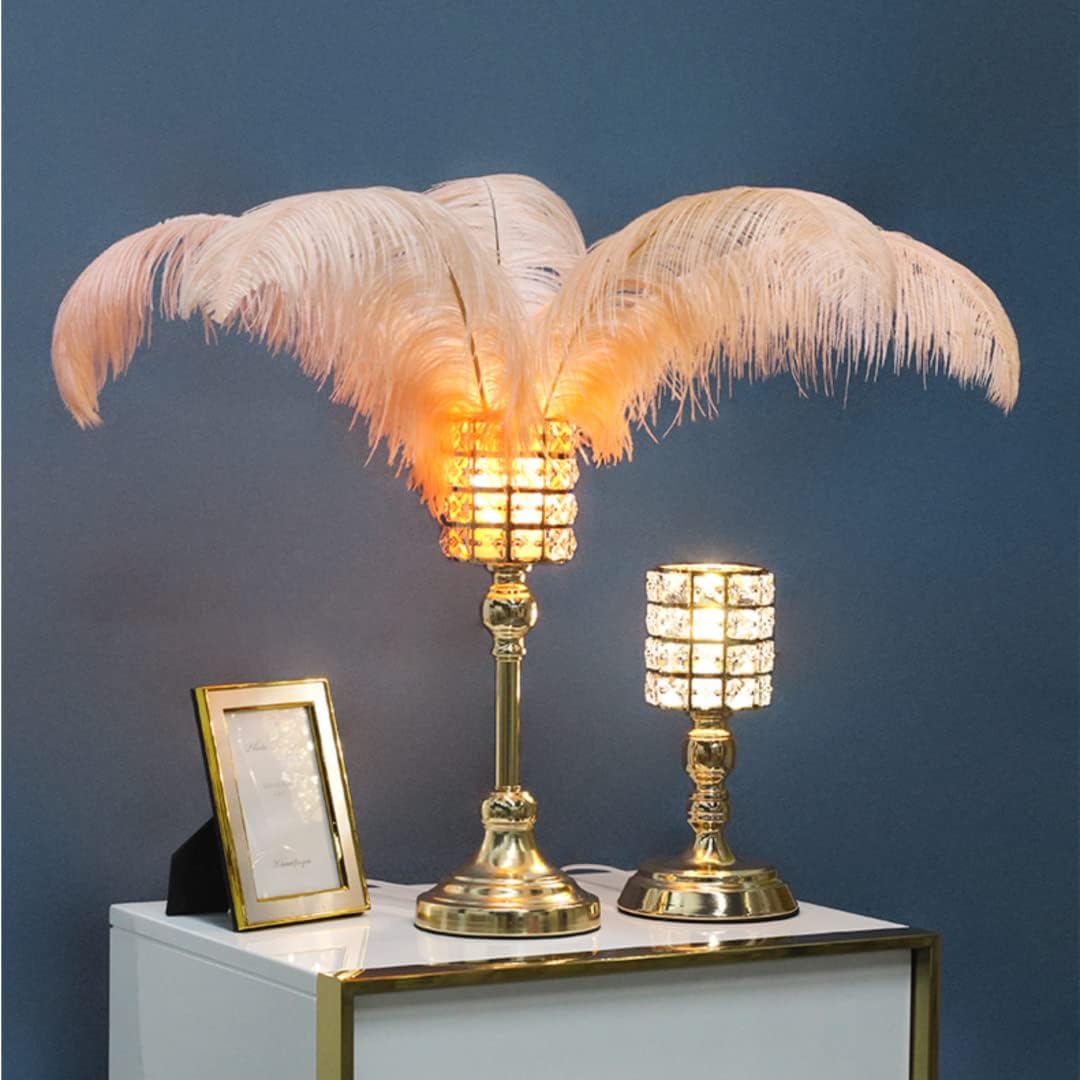 Feather Table Lamp Crystal Bedside Lamp with Pink Feather, String Lights Night Lights Decorative Lighting for Living Room Bedroom Home Decoration