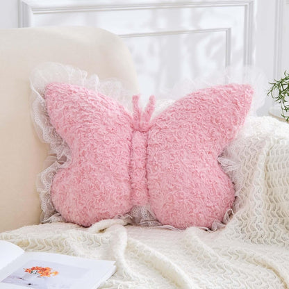 Butterfly Pillow Dusty Pink Decorative Pillows 15" Butterfly Shaped Cute Throw Pillows with Lace Aesthetic Bow Plush Cushion for Room Decor Bed Sofa Couch