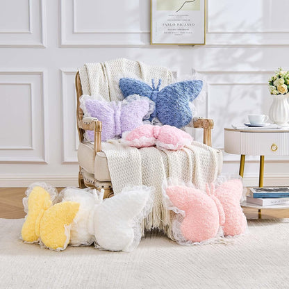 Butterfly Pillow Dusty Pink Decorative Pillows 15" Butterfly Shaped Cute Throw Pillows with Lace Aesthetic Bow Plush Cushion for Room Decor Bed Sofa Couch