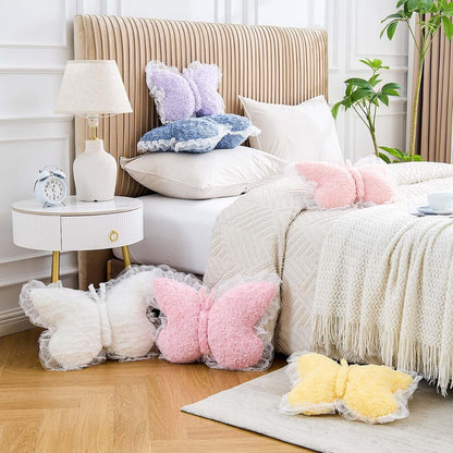 Butterfly Pillow Dusty Pink Decorative Pillows 15" Butterfly Shaped Cute Throw Pillows with Lace Aesthetic Bow Plush Cushion for Room Decor Bed Sofa Couch
