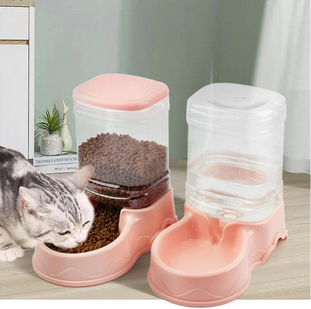 Automatic Pet Feeder for Animals - 3.5L Cats Dog Food Dispenser Water Feeder Waterer Travel Supply for Kitten, Pink Food Feeder