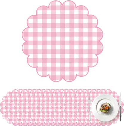 100 Pcs Checkered Paper Placemats Pink Gingham Place Mats 13.5 Inch Disposable Round Decorative Dining Table Mat with Scalloped Edge Paper Cutouts Decor for Picnic BBQ Table Party Supplies