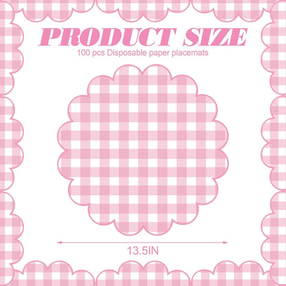 100 Pcs Checkered Paper Placemats Pink Gingham Place Mats 13.5 Inch Disposable Round Decorative Dining Table Mat with Scalloped Edge Paper Cutouts Decor for Picnic BBQ Table Party Supplies
