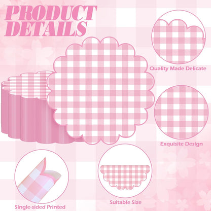 100 Pcs Checkered Paper Placemats Pink Gingham Place Mats 13.5 Inch Disposable Round Decorative Dining Table Mat with Scalloped Edge Paper Cutouts Decor for Picnic BBQ Table Party Supplies