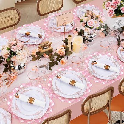 100 Pcs Checkered Paper Placemats Pink Gingham Place Mats 13.5 Inch Disposable Round Decorative Dining Table Mat with Scalloped Edge Paper Cutouts Decor for Picnic BBQ Table Party Supplies