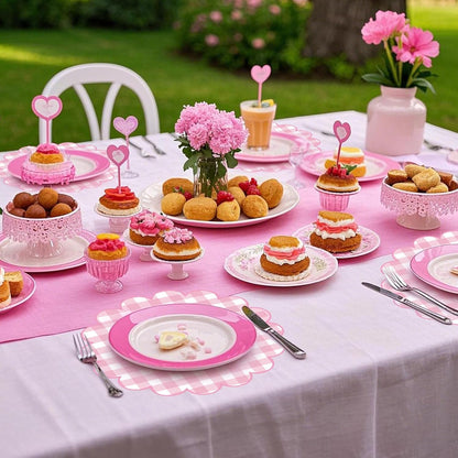 100 Pcs Checkered Paper Placemats Pink Gingham Place Mats 13.5 Inch Disposable Round Decorative Dining Table Mat with Scalloped Edge Paper Cutouts Decor for Picnic BBQ Table Party Supplies