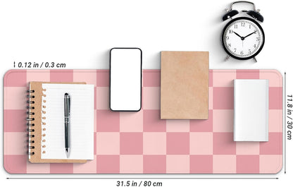 Gaming Mouse Pad with Non-Slip Base, Cute Mouse Mat with Stitched Edges for Keyboard and Mouse, Large Anime Mousepad for Computer, 31.5 x 11.8 inches (Pink Checkered)