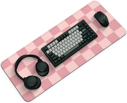 Gaming Mouse Pad with Non-Slip Base, Cute Mouse Mat with Stitched Edges for Keyboard and Mouse, Large Anime Mousepad for Computer, 31.5 x 11.8 inches (Pink Checkered)